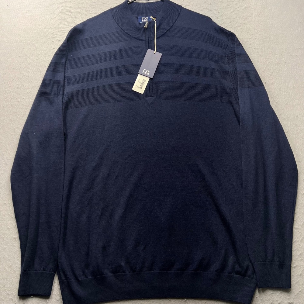 Cutter & Buck Mens 2XT Navy Blue Merino Wool Blend Quarter Zip Sweater BCS01433